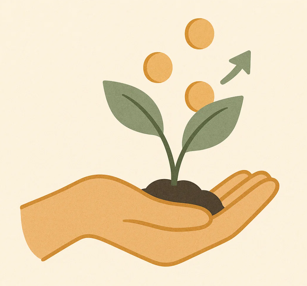 A hand nurturing a growing plant with coins floating upward, representing how donations foster growth.