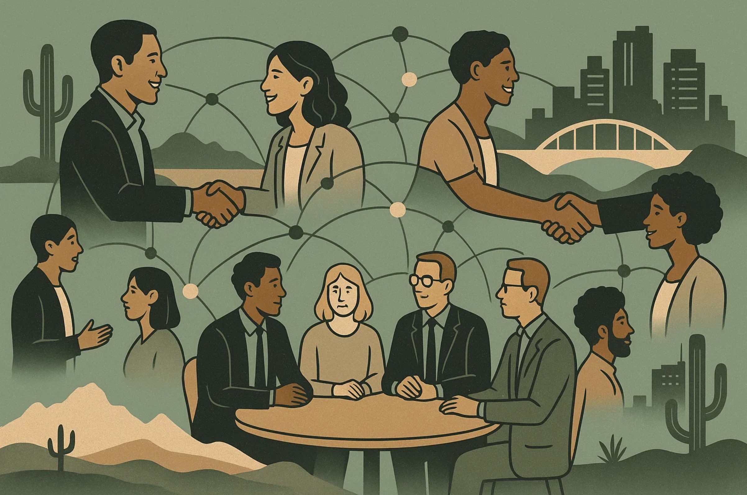 Illustration of a connected and collaborative business ecosystem in Arizona.