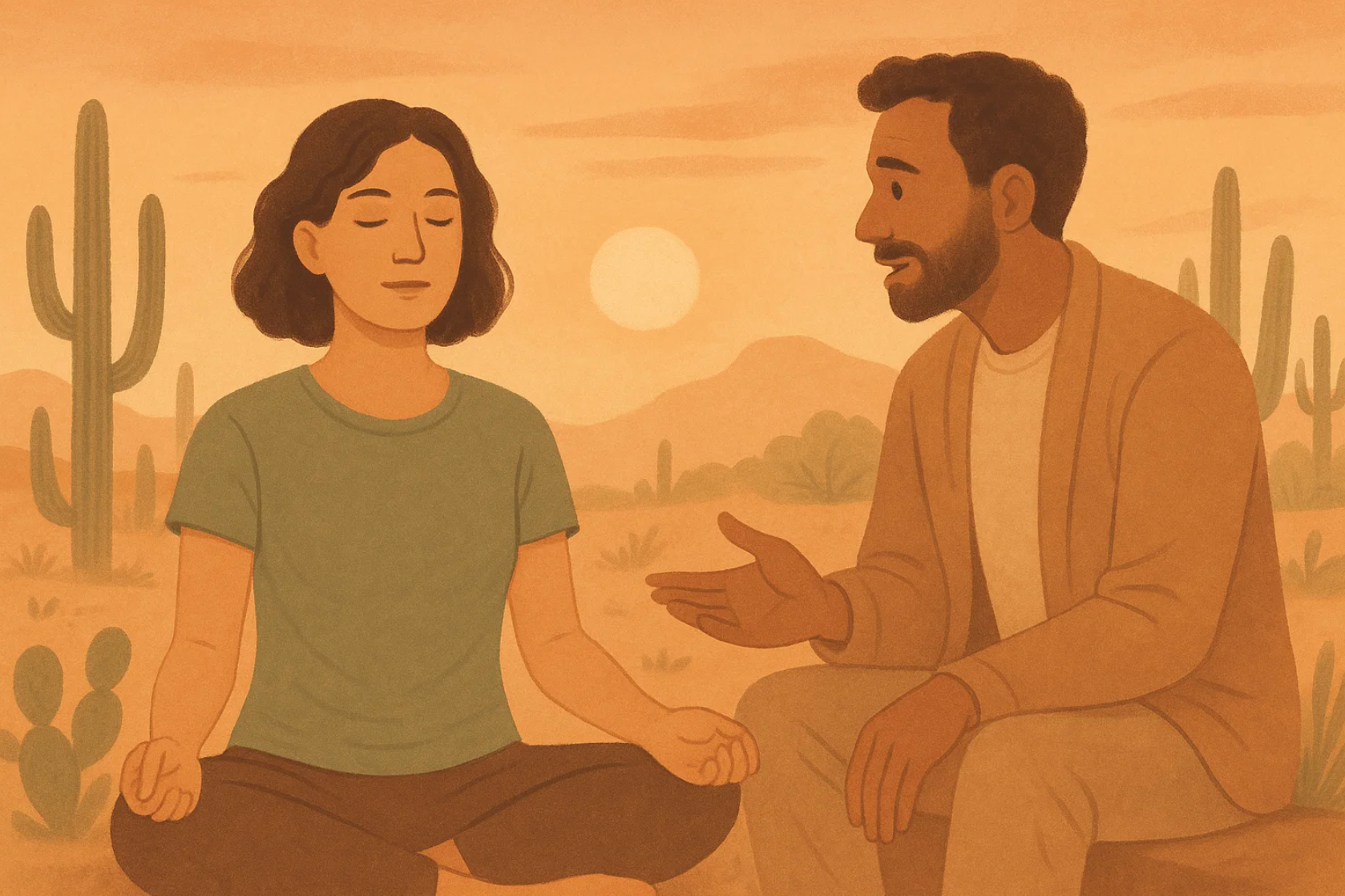 Illustration of a person meditating in the desert, representing founder well-being.