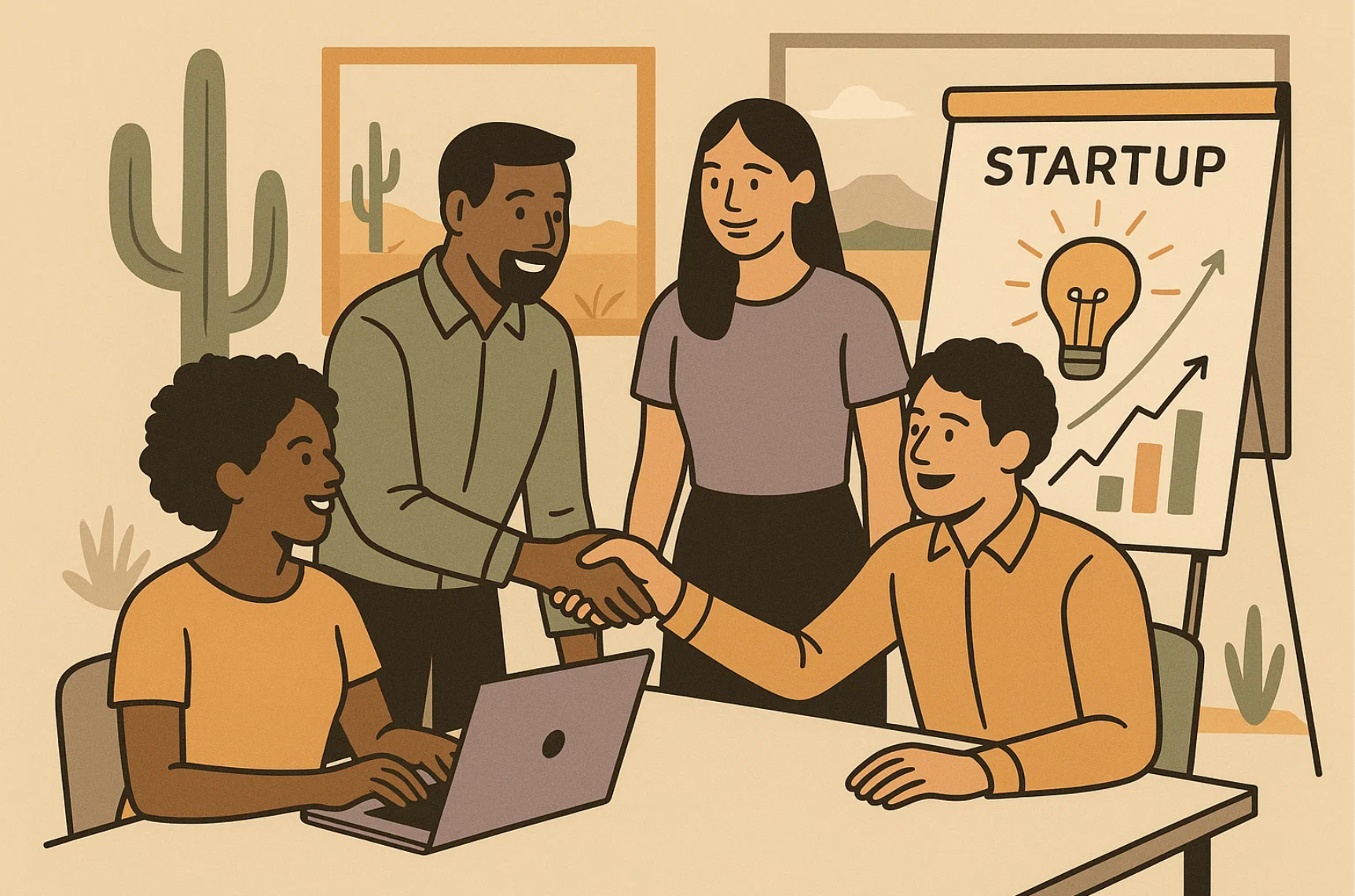 An illustration of a diverse team collaborating in a startup environment.