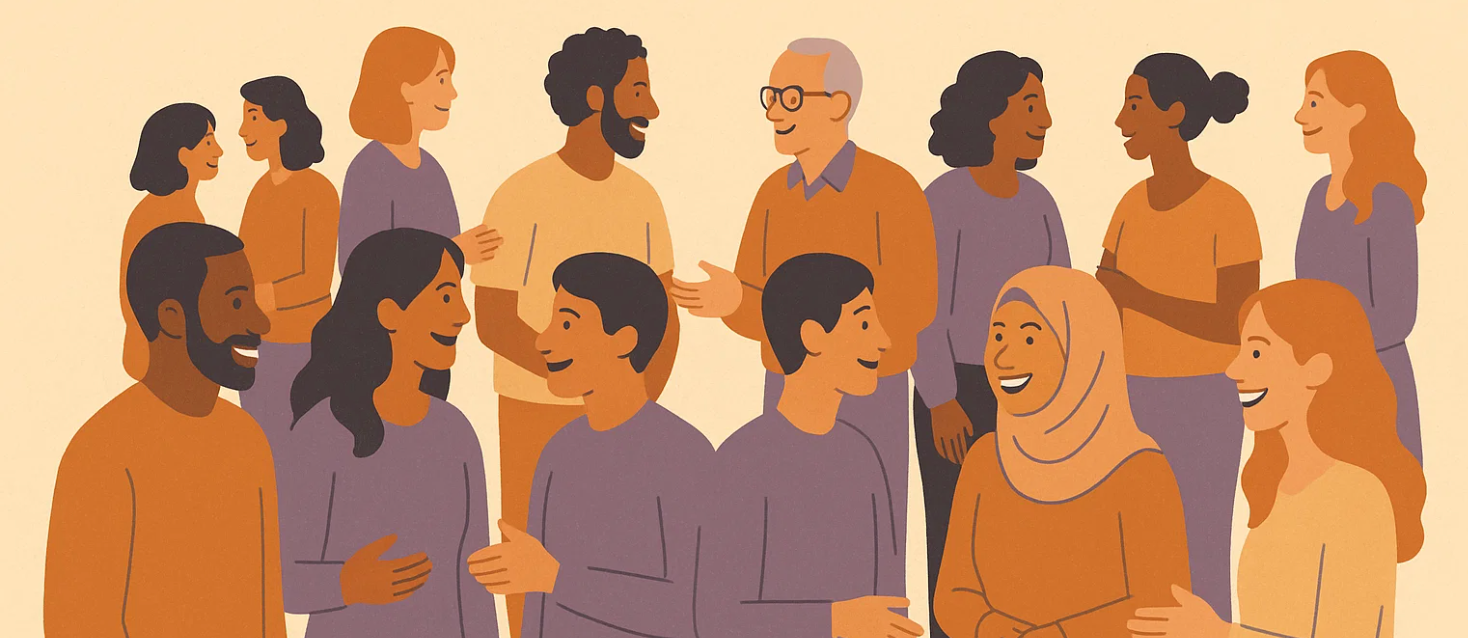 A diverse group of people networking and engaging in friendly conversation, representing an inclusive community.
