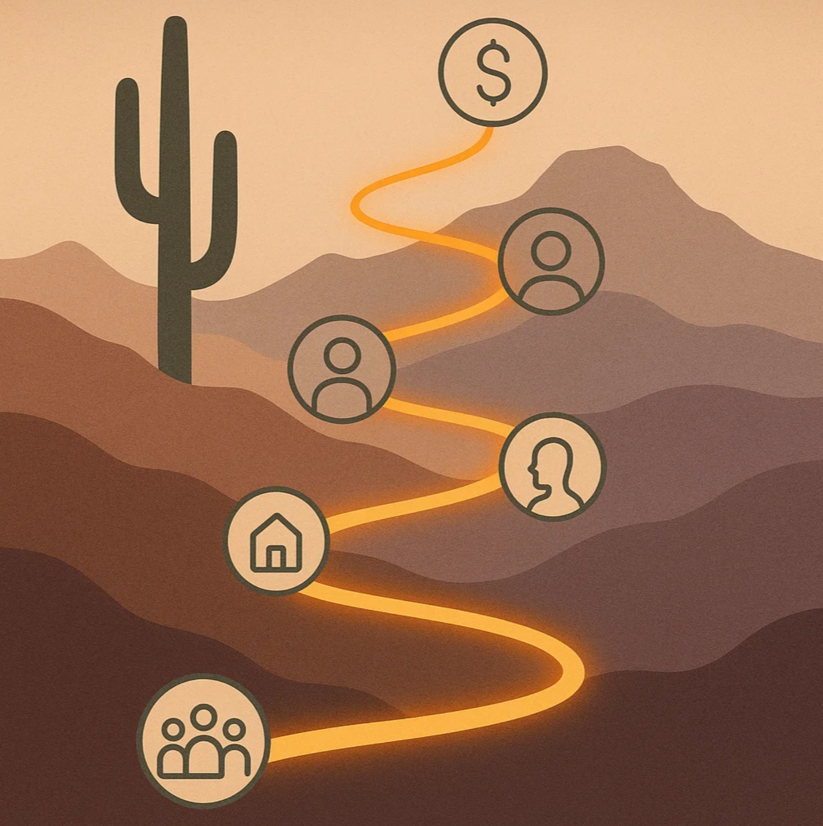 An illustration showing the startup journey with icons for community, resources, talent, mentorship, and capital along a path in a desert landscape.