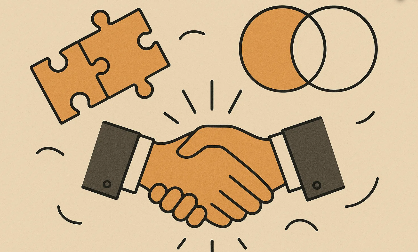 An illustration of a handshake, puzzle pieces, and a Venn diagram, symbolizing partnership.